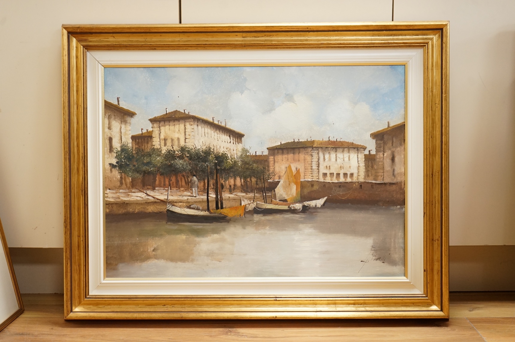 Guido Borelli (Italian, b.1952), oil on canvas, Venetian canal scene, signed, details verso. Condition - good